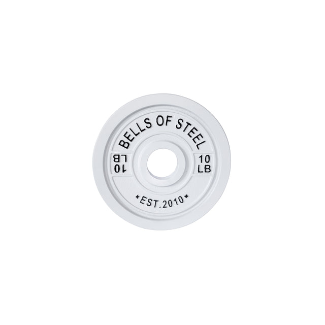 White 10 LB calibrated powerlifting plate with "BELLS OF STEEL" and "*EST. 2010*" in black, featuring a central hole. Part of the color-coded collection for easy workout identification.