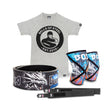 A Bells of Steel Lever Belt Package featuring a branded gray T-shirt, dragon-design lever belt, colorful knee sleeves, and two black lifting straps is shown on a white background.