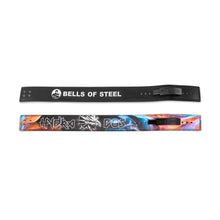 Two Lever Belts are shown flat: the top is a black Bells of Steel belt with its logo, while the bottom displays a vibrant abstract design with blue and white graphics—perfect for powerlifting.