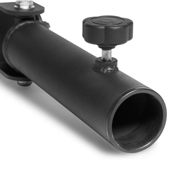 A well-lit close-up of a sleek black metal pipe featuring an adjustable knob, similar to Olympic barbells. It's part of the Bells of Steel Landmine Rack Attachment, showcasing visible screw bolts on its smooth surface, perfect for rotational core exercises.
