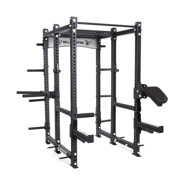 The Manticore Six Post Power Rack Builder by Bells of Steel is a black steel rack with a 1,000-pound capacity. It features adjustable bars, hooks, safety catches, and modular components for strength training—ideal for weightlifting and fitness exercises.