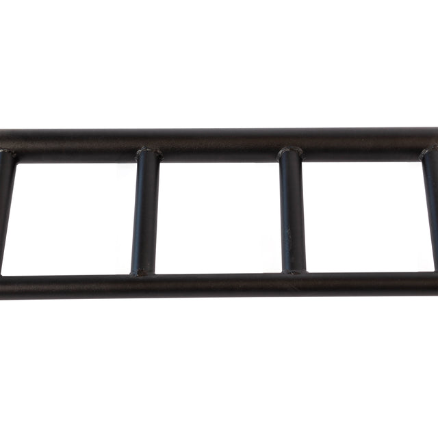 Close-up of the Bells of Steel Multi-Grip Pull Up Bar in black metal, showing three rungs and side rails, designed for strength training, against a white background.