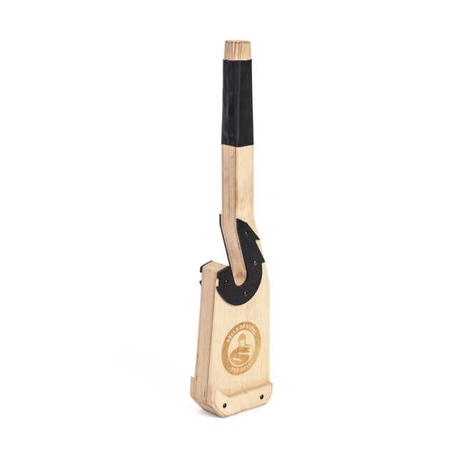 The Bells of Steel Meat Hook Deadlift Jack is a wooden, axe-shaped barbell jack with a black grip and a round logo with text and a hat. Its light wood grain adds style, making it both functional and eye-catching.