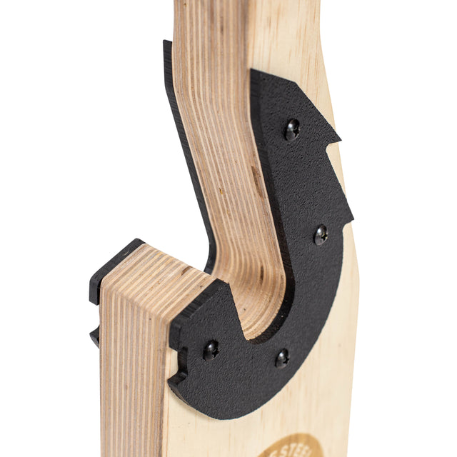 Close-up of the Bells of Steel Meat Hook Deadlift Jack, featuring a hook-like curved wooden cutout reinforced with a black metal plate and screws. The layered wood grain and industrial design make this an essential portable weight plate jack.