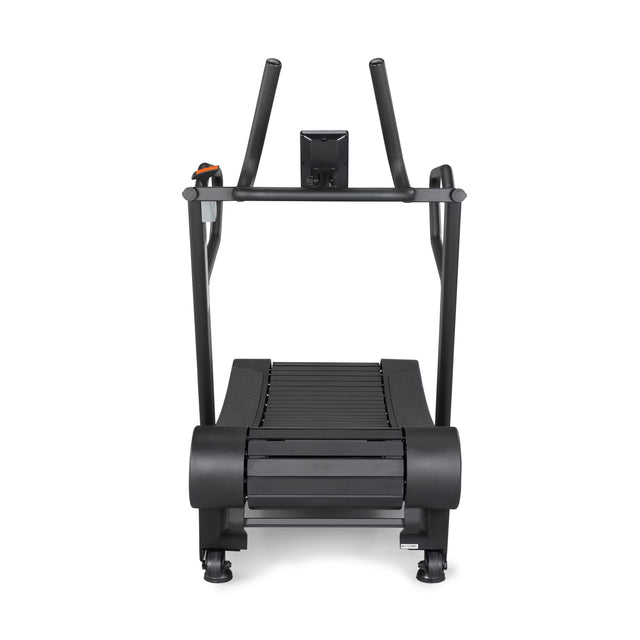 The Blitz Magnetic Resistance Manual Treadmill by Bells of Steel is an ideal black, non-motorized treadmill with a curved running surface for cardio workouts. It features magnetic resistance, a sturdy frame, and handrails, designed for walking and running.