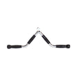 The Bells of Steel MULTI-PURPOSE V STYLE BAR features black rubber grips on both ends and is a sturdy chrome cable machine attachment, ideal for weightlifting and a range of gym exercises.