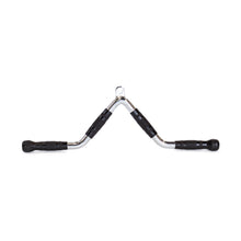 The Bells of Steel MULTI-PURPOSE V STYLE BAR features black rubber grips on both ends and is a sturdy chrome cable machine attachment, ideal for weightlifting and a range of gym exercises.