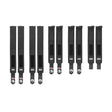 Nine black Mighty Wrist Wraps from Bells of Steel are laid out vertically on a white background. Each wrap features a rectangular Velcro patch and distinctive branding on the ends, resembling powerlifting or gym essentials.