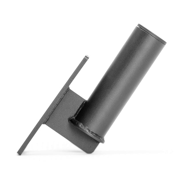 The Bells of Steel Vertical Mount Barbell Holder Rack Attachment is a black metal unit with a cylindrical tube welded at an angle to a flat rectangular base, ideal for organizing barbells in your home gym.