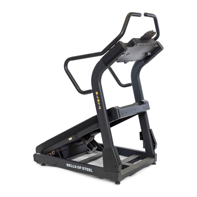 The Bells of Steel branded Blitz Mountain Climber Treadmill, in black, boasts side handles, a front console, and FTMS Bluetooth connectivity. Its incline design is ideal for steep, high-intensity workouts akin to a mountain climber challenge.