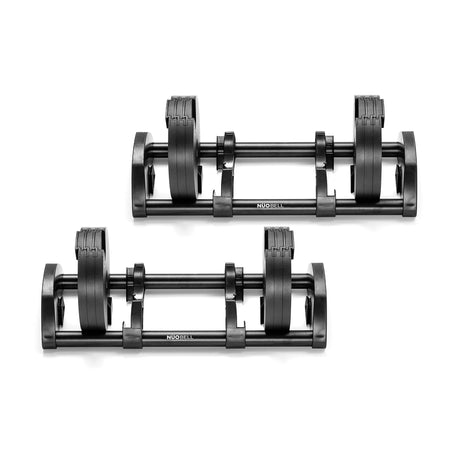 Two NÜOBELL adjustable black dumbbells on a white background feature sliding weight selection for customization, ideal for strength training. They expand from 50 to 80 pounds using the sleek Nuobell Expansion Kit.