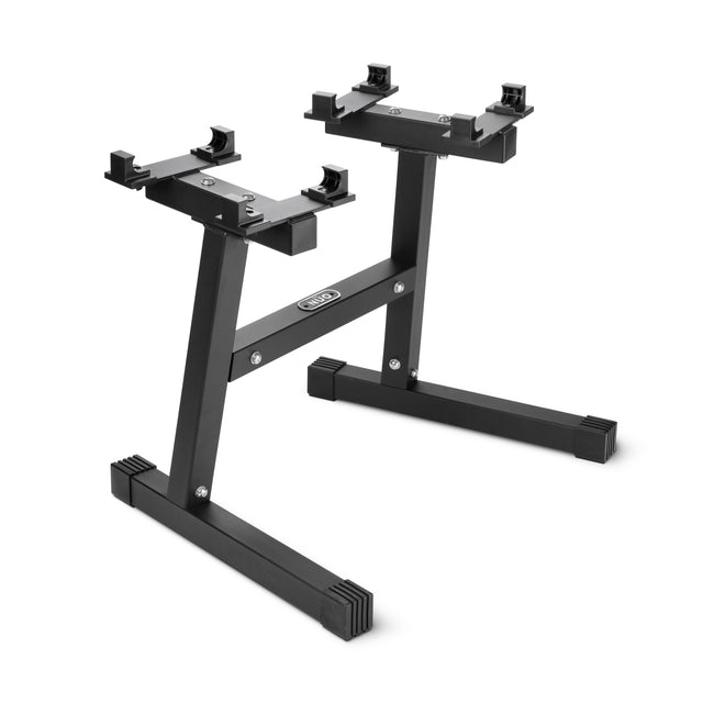 The Nuobell NÜOBELL Floor Stand is a compact black metal stand with two horizontal arms, rubberized feet, a sturdy frame, and adjustable brackets—ideal for space-saving storage of NÜOBELL Adjustable Dumbbells or similar equipment.