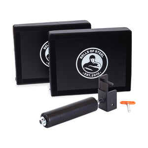 The Bells of Steel Hydra Nordic Curl Package includes two black foam pads with logos, a cylindrical split squat attachment with metal bracket, and an orange-handled pin, all displayed on a white background.