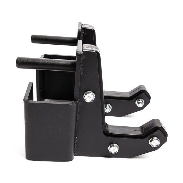 A close-up of Bells of Steel Sandwich J-Cups—black metal brackets with bolts and cylindrical rods—designed as heavy-duty squat rack accessories, photographed against a white background.