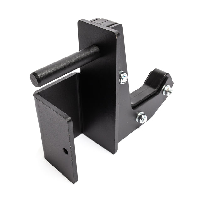 The Sandwich J-Cups by Bells of Steel are black metal heavy-duty barbell holders with bolts and a horizontal arm, serving as essential squat rack accessories for securely holding weightlifting bars.