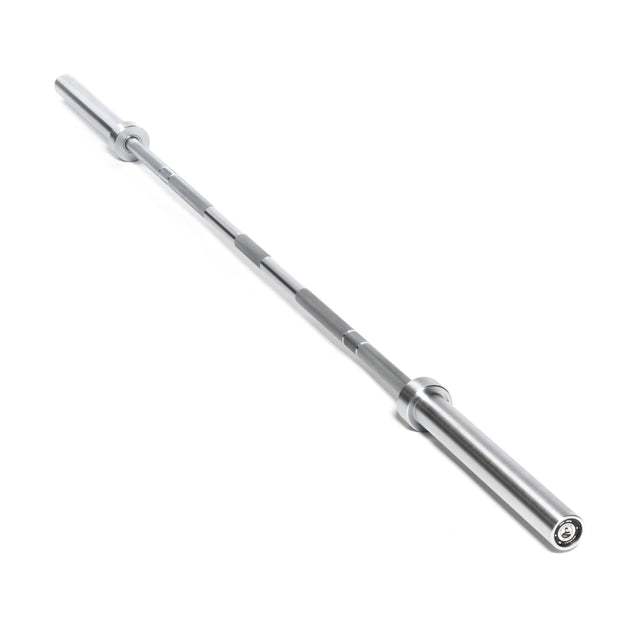 The Bells of Steel Olympic Weightlifting Barbell, featuring knurled grips and shown at an angle on a white background, delivers top value for both beginners and experienced lifters.