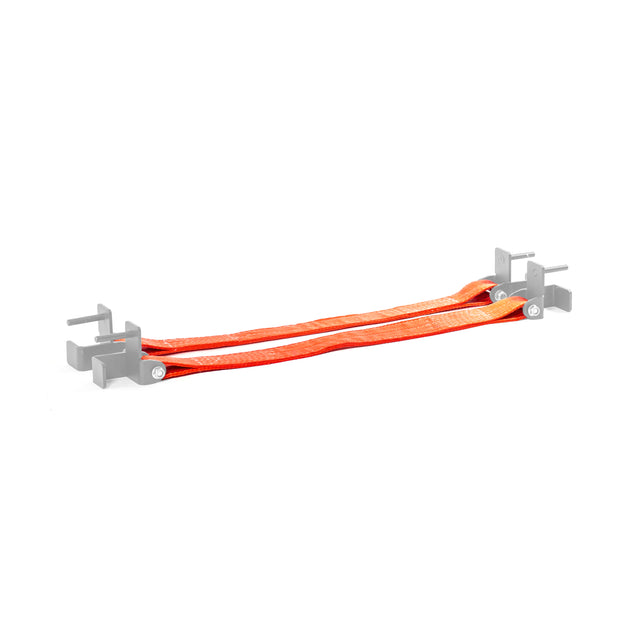 Two orange Safety Straps for Hydra & Manticore Racks by Bells of Steel, attached to grey metal brackets and placed parallel on a white background—perfect for enhancing protection in your power rack setup.