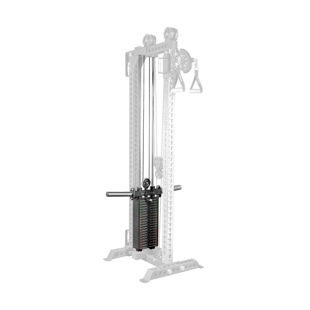 The Bells of Steel Oblivyon Tower - 3" x 3” Cable Tower, featuring a weight stack and dual handles, is shown on a white background with a gray frame and black weights—perfect for any strength training home gym.