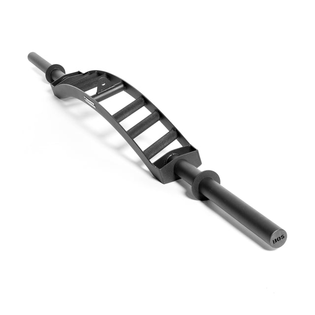 The Bells of Steel Arch Nemesis Swiss Bar, in sleek black, has multiple handle positions on a rectangular frame with smooth cylindrical ends for weight plates, making it ideal for versatile upper body exercises.