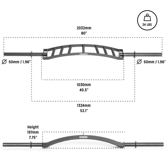 The Bells of Steel Arch Nemesis Swiss Bar is a specialty barbell with a curved center and multiple handles, perfect as a cable attachment. It measures 80" long, 52.1" wide, 7.75" high, has 1.96" sleeves, and weighs 24 lbs.