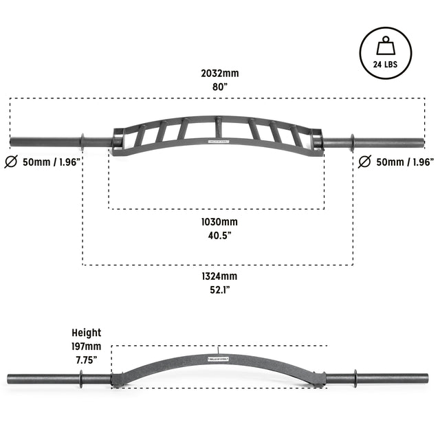 The Bells of Steel Arch Nemesis Swiss Bar is a specialty barbell with a curved center and multiple handles, perfect as a cable attachment. It measures 80" long, 52.1" wide, 7.75" high, has 1.96" sleeves, and weighs 24 lbs.