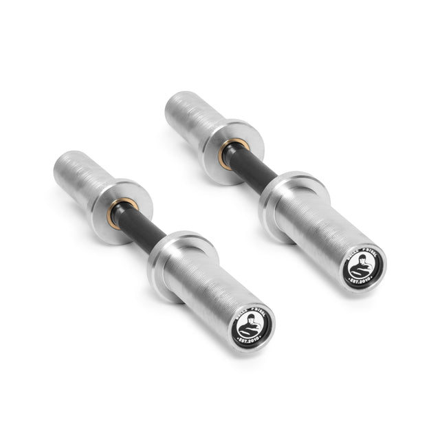 The Bells of Steel Loadable Dumbbell Handle features silver handles with black grips and circular end caps displaying a gorilla logo, shown on a white background—ideal for any home gym setup.