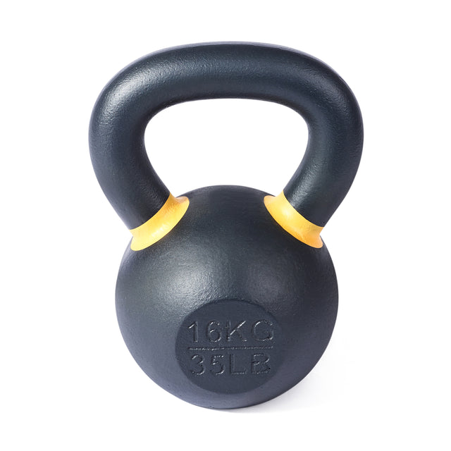 The Bells of Steel Powder Coated Kettlebells feature a black finish with yellow accents and "16 KG" and "35 LB" markings, making them ideal for strength training and functional fitness. Shown isolated on a white background.