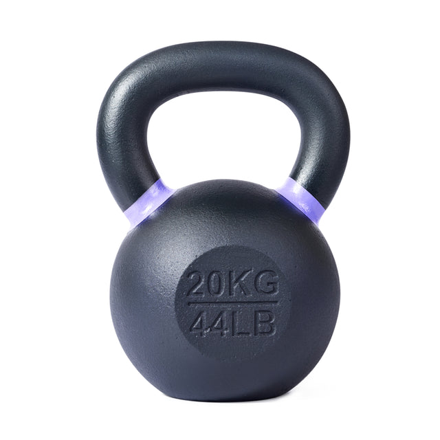 The Bells of Steel Powder Coated Kettlebell features a black finish and "20KG 44LB" embossed on the front for easy weight identification, perfect for strength training and functional fitness, shown isolated on a white background.