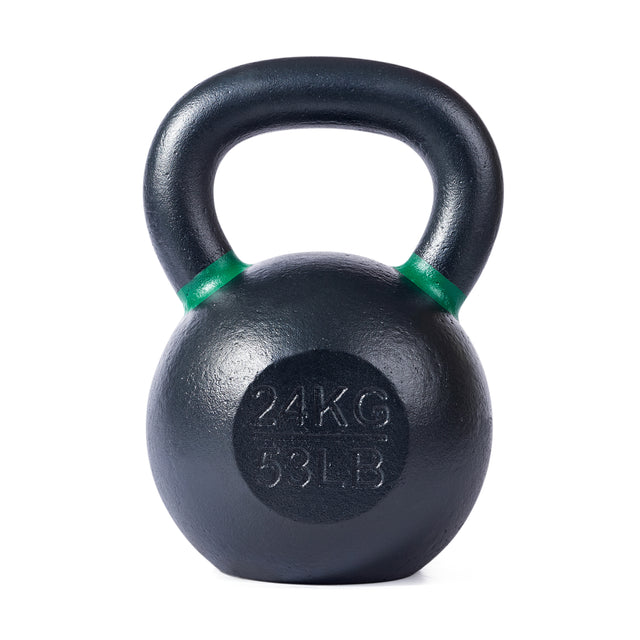 The Bells of Steel Powder Coated Kettlebells feature a black finish with green markings near the handle and "24 KG" and "53 LB" labels, ideal for strength training and functional fitness, shown against a white background.