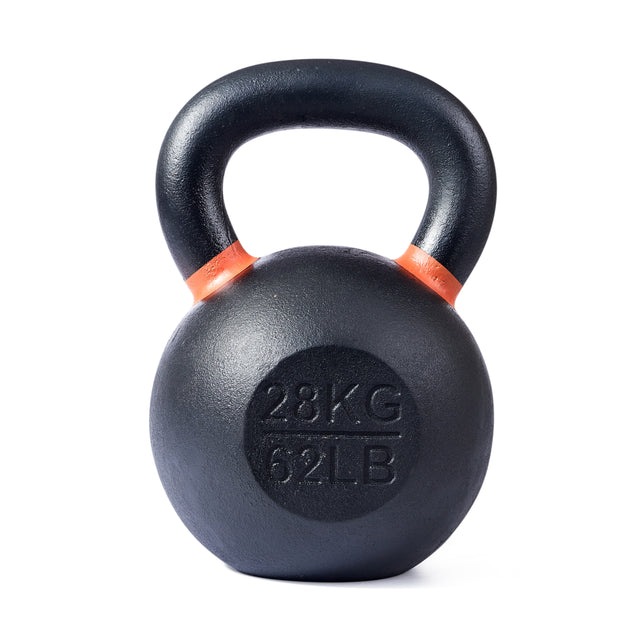 The Bells of Steel Powder Coated Kettlebell is a black kettlebell with orange handle markings, labeled "28 KG" and "62 LB," ideal for strength training and functional fitness. Shown against a white background.