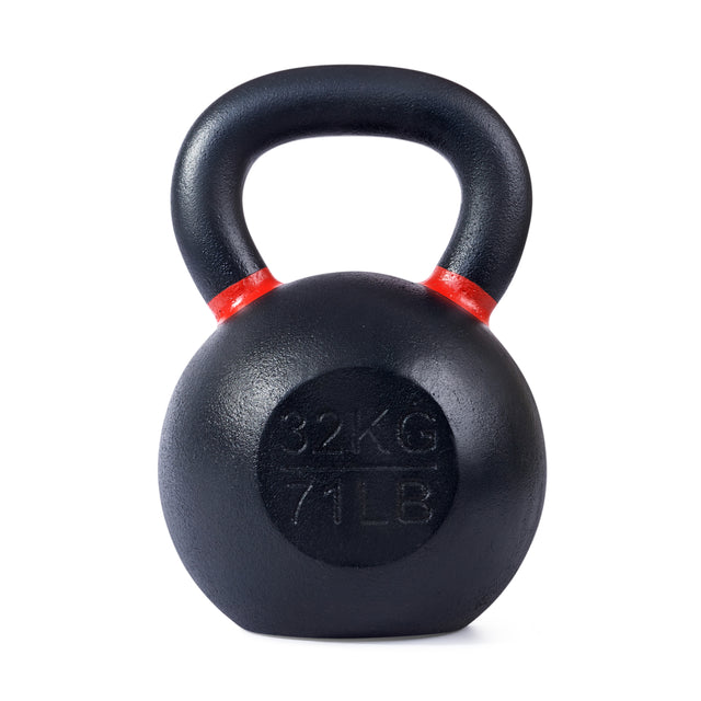 The Bells of Steel Powder Coated Kettlebells feature red markings near the handle and are labeled "32KG" and "71LB." They stand upright on a white background, ideal for strength training and functional fitness routines.