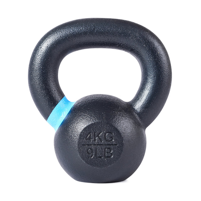 The Bells of Steel Powder Coated Kettlebell features a black finish, blue stripe near the handle, and is labeled "4 KG" and "9 LB," making it perfect for strength training and functional fitness.