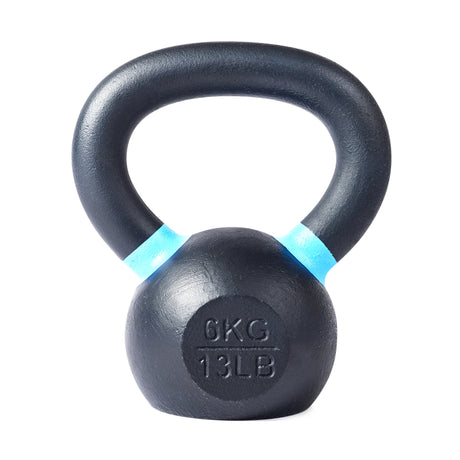 The Bells of Steel Powder Coated Kettlebell features a black finish with a blue accent near the handle and “6 KG” and “13 LB” markings—ideal for strength training and functional fitness, shown on a white background.