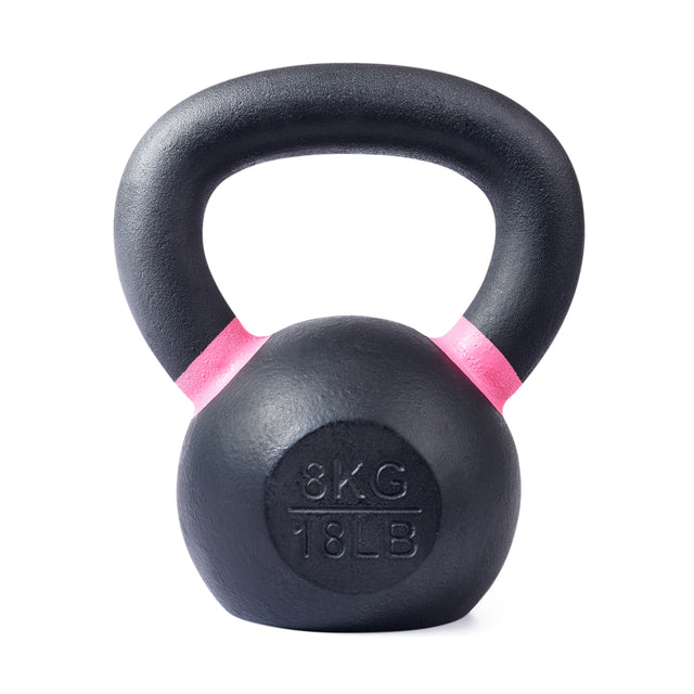 The Bells of Steel Powder Coated Kettlebell features pink accents by the handle and markings of "8 KG" and "18 LB," set on a white background—perfect for strength training and functional fitness.