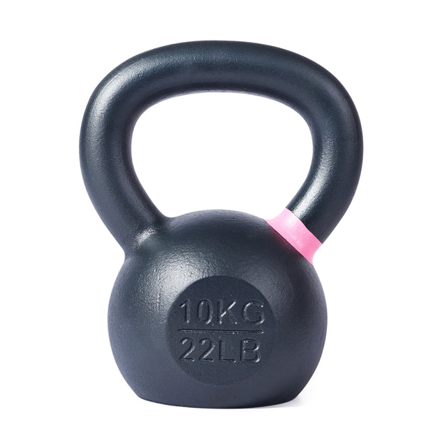 The Bells of Steel Powder Coated Kettlebell features a black finish with a pink stripe by the handle and "10 KG" and "22 LB" markings on the front, perfect for strength and functional fitness, shown on a white background.