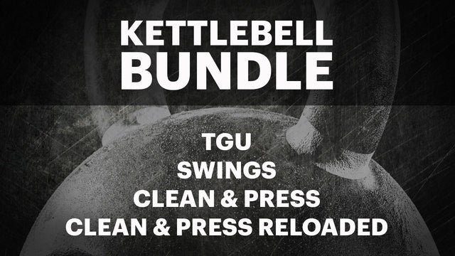 Text graphic with a close-up kettlebell and bold white text: "Ultimate Kettlebell Bundle - TGU, Swings, Clean & Press, Clean & Press Reloaded." By Mark Wildman from Bells of Steel—digital product with expert workout instruction.
