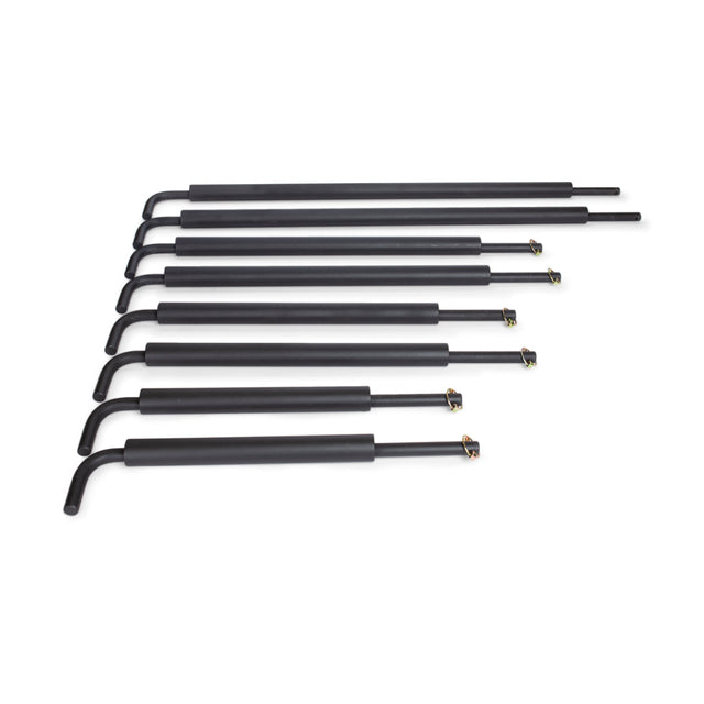 Seven black Bells of Steel Pin Pipe Safeties with varied lengths, each featuring curved ends and mounting brackets, are arranged diagonally on a white background—perfect for power rack protection.