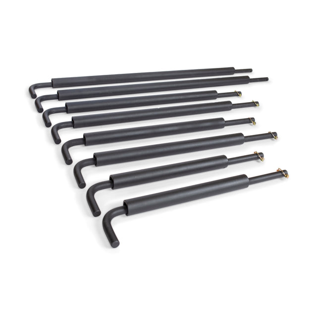 Eight black, L-shaped Bells of Steel Pin Pipe Safeties with foam padding and adjustable ends are arranged in a staggered row on a white background, showcasing their protective design for power racks.