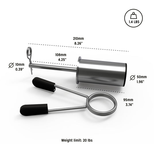 The Bells of Steel Weight Stack Pin has a cylindrical metal body, handle with two black grips, 210mm length, 50mm diameter, 10mm hook diameter, and 95mm handle width. Ideal for micro loading; supports up to 20 lbs; weighs 1.4 lbs.