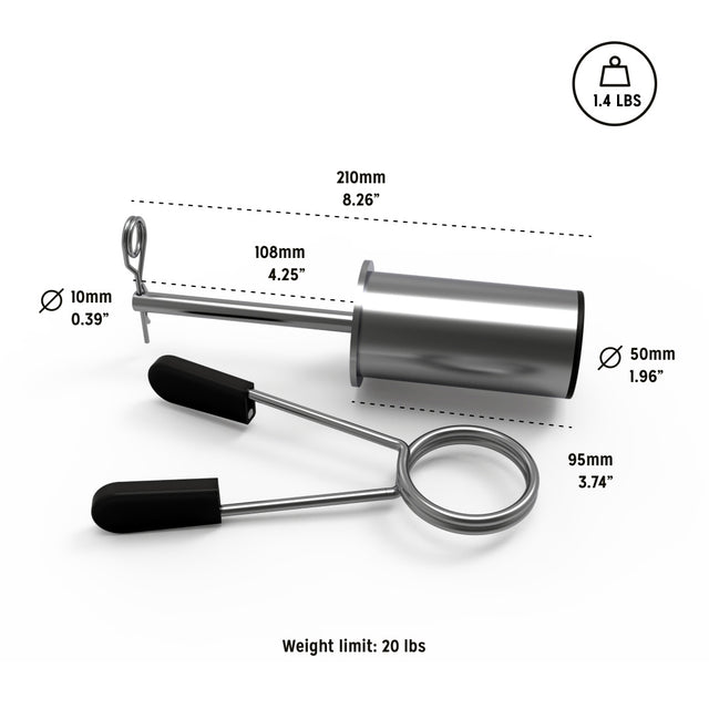 The Bells of Steel Weight Stack Pin has a cylindrical metal body, handle with two black grips, 210mm length, 50mm diameter, 10mm hook diameter, and 95mm handle width. Ideal for micro loading; supports up to 20 lbs; weighs 1.4 lbs.