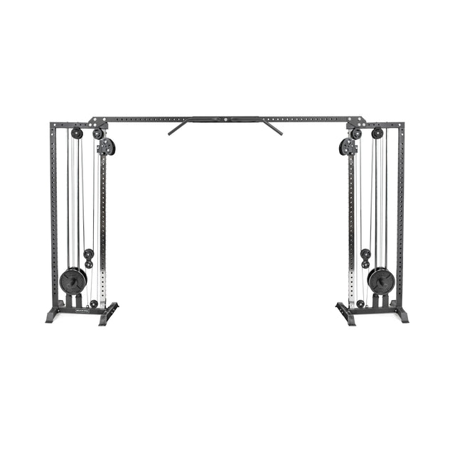 The Bells of Steel Cable Crossover Machine in gray features adjustable handles, multiple pulleys, and a horizontal pull-up bar connecting two vertical frames. It includes a weight stack for comprehensive strength training.