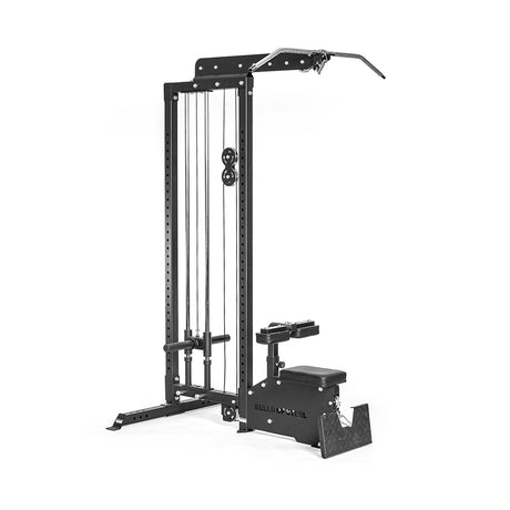 The Bells of Steel Lat Pulldown Low Row Machine is a black, free-standing unit with adjustable pulleys, padded seat, footrests, and a wide pull-up bar—ideal for cable exercises at home.