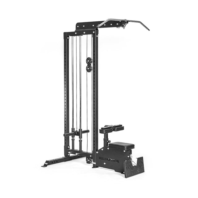 The Bells of Steel Lat Pulldown Low Row Machine is a black, free-standing unit with adjustable pulleys, padded seat, footrests, and a wide pull-up bar—ideal for cable exercises at home.