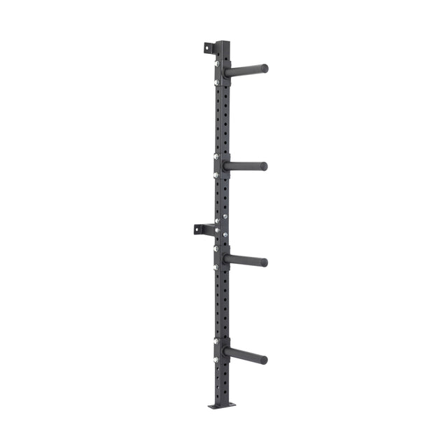 The Bells of Steel Wall-Mounted Plate Storage Rack is a vertical black metal rack with four horizontal bars and multiple adjustment holes on the central column—perfect for efficient weight plate organization in your home gym.