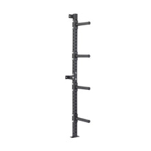 The Bells of Steel Wall-Mounted Plate Storage Rack is a vertical black metal rack with four horizontal bars and multiple adjustment holes on the central column—perfect for efficient weight plate organization in your home gym.