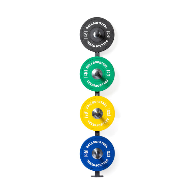 Overhead view of the Bells of Steel Wall-Mounted Plate Storage Rack holding four round plates—black, green, yellow, and blue—each labeled with their kilogram weight for organized home gym storage.