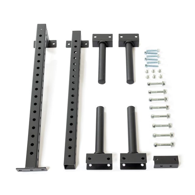 The Bells of Steel Wall-Mounted Plate Storage Rack includes black metal brackets, rods, and mounting plates with hardware—perfect for efficient home gym plate organization.