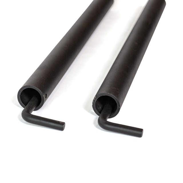 Two black, cylindrical Bells of Steel Pin Pipe Safeties are displayed side by side on a white background, each featuring a bent metal rod at one end for extra protection on power racks.