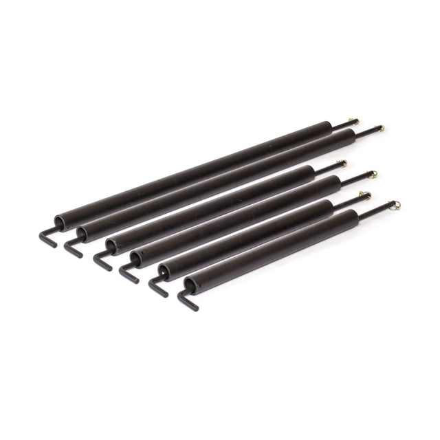 Six Bells of Steel Pin Pipe Safeties, identical black metal rods with hooks on one end and gold tips on the other, are arranged in a slightly fanned-out row on a white background for added power rack protection.