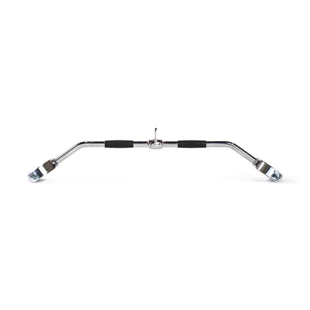 The Bells of Steel Pro-Style Lat Bar Cable Attachment, 38 inches long with chrome plating, angled ends, and black rubber grips, is designed for cable machines to target back muscles and is shown against a white background.